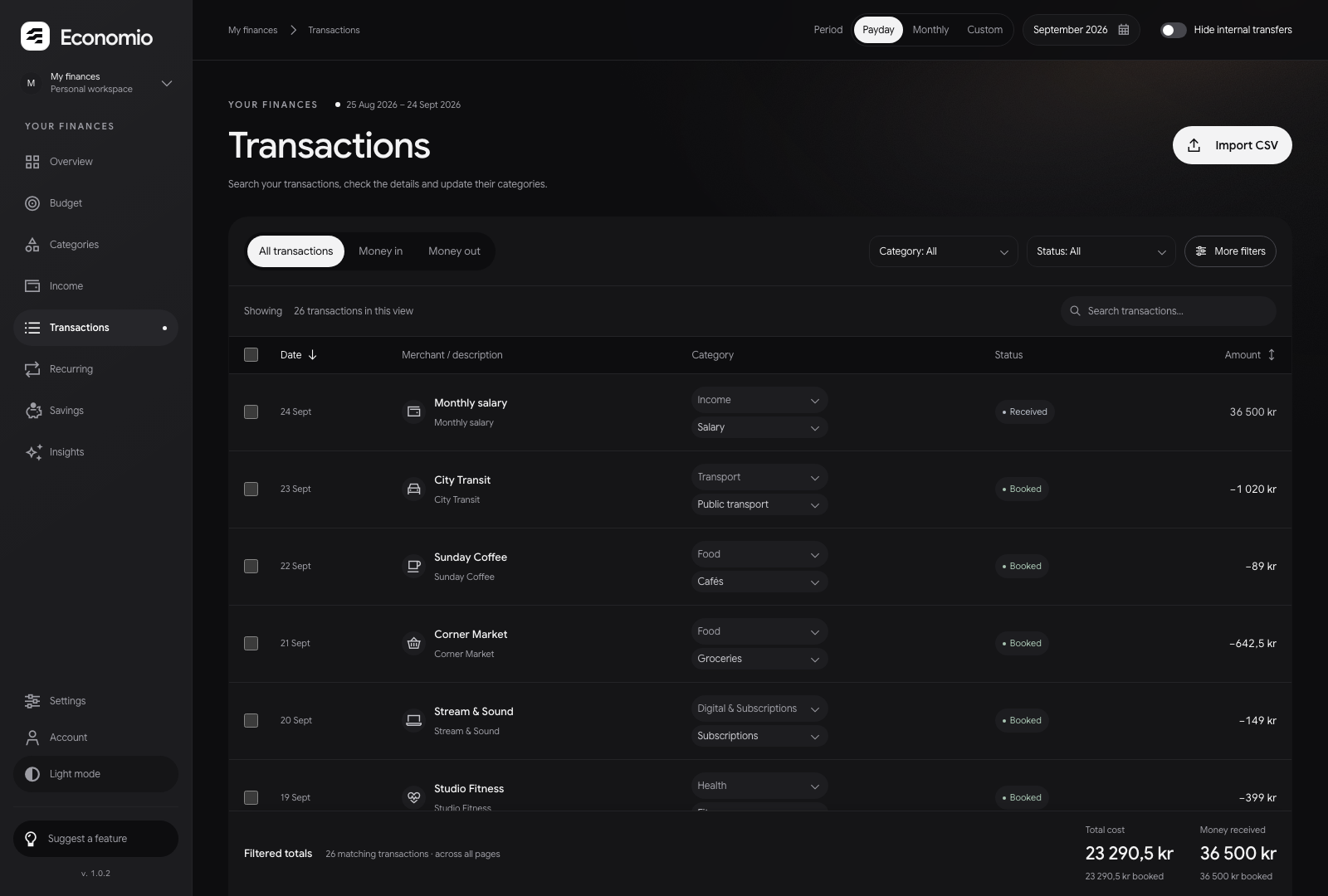 The Transactions page with invented records